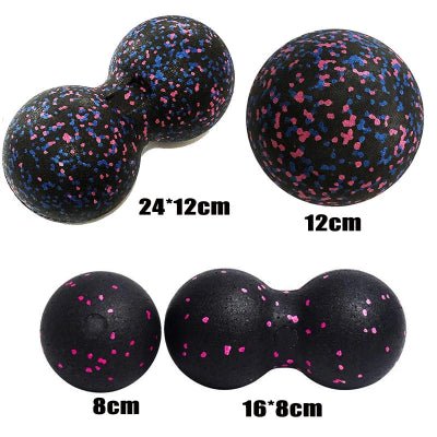 Boule de massage noir avec des points rose et bleu modele boule et cacahouete