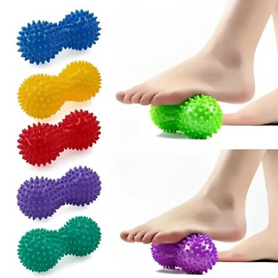 Boule de massage en differente couleur avec une femme qui masse son pied