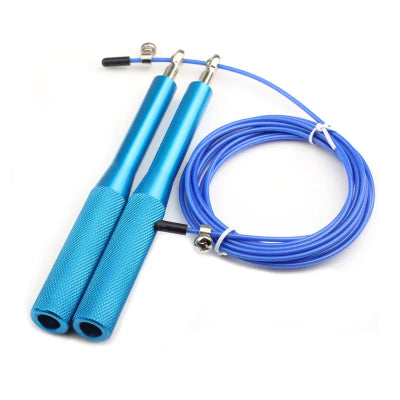 Corde a sauter poignee aluminium cable acier bleu