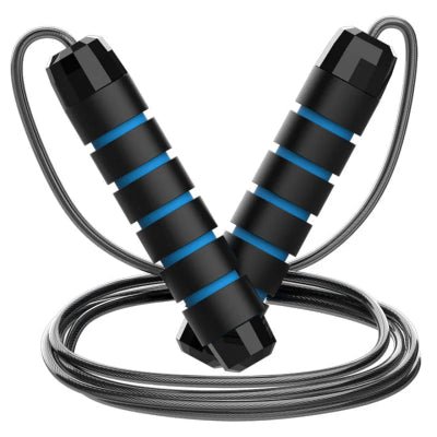 Corde a sauter noir poignee bandes bleu