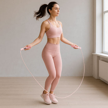 Femme avec un top rose pratique corde a sauter