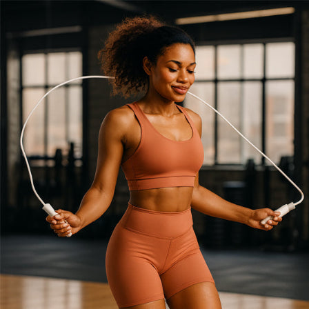 Femme noir fait corde a sauter dans une salle