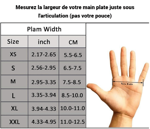 Gant pour musculation image montrant le tableau des grandeurs