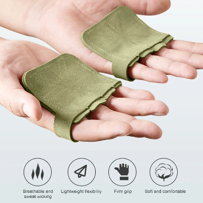 Gant musculation kaki montrer avec un homme qui presente ses paumes avec les gants installer