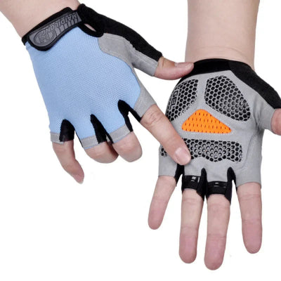 Gant musculation photo montrant les gants bleu pale avec tirettes au doigt pour les enlever