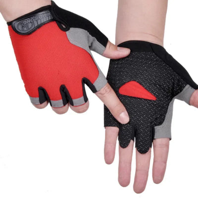 Gant musculation photo montrant les gants rouges avec tirettes au doigt pour enlever facilement