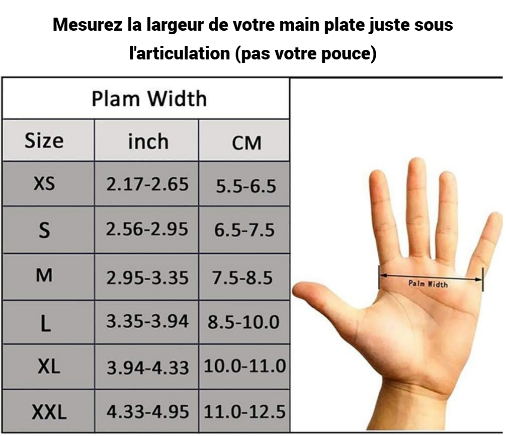Gant pour musculation image montrant le tableau des grandeurs