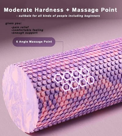 rouleau de massage couleur rose et violet avec six angle sur chaque point de massage