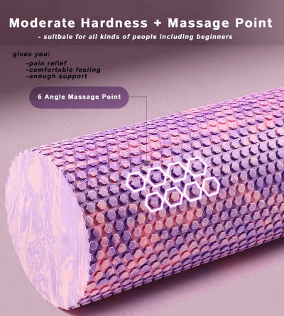 rouleau de massage couleur rose et violet avec six angle sur chaque point de massage