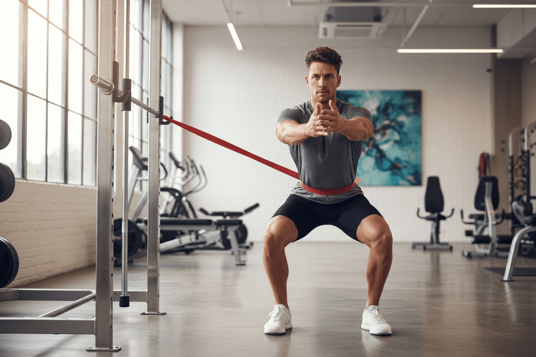 Athlète réalisant un entraînement complet avec élastiques de résistance dans un gym moderne