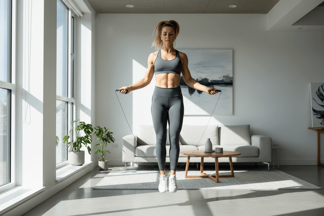 Femme réalisant un saut classique à la corde à sauter dans son salon à domicile