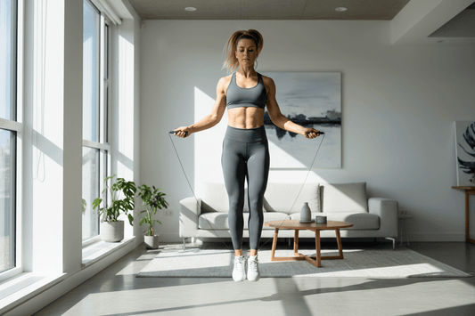 Femme réalisant un saut classique à la corde à sauter dans son salon à domicile
