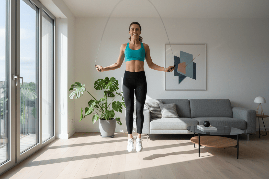 Femme réalisant un saut à la corde dans son salon à domicile, tenue de sport