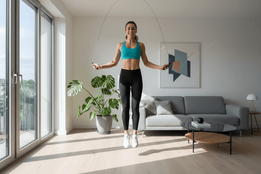 Femme réalisant un saut à la corde dans son salon à domicile, tenue de sport