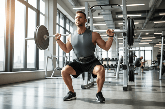 Homme portant une ceinture de musculation lors d'un squat avec barre dans un gym moderne