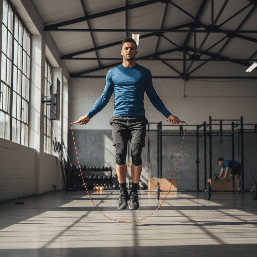 Athlète CrossFit réalisant un saut à la corde dans un gym moderne