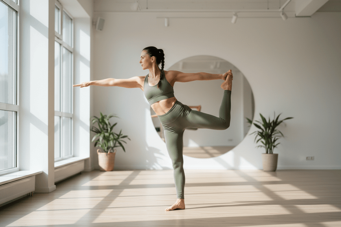 Femme portant un legging de sport taille haute lors d'une séance de yoga dans un studio moderne