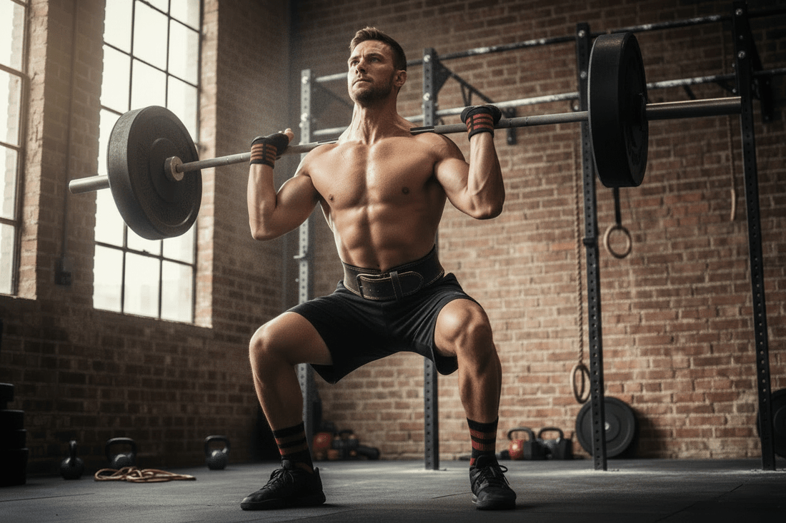 Athlète CrossFit effectuant un barbell clean avec gants de musculation et ceinture de force dans une salle CrossFit