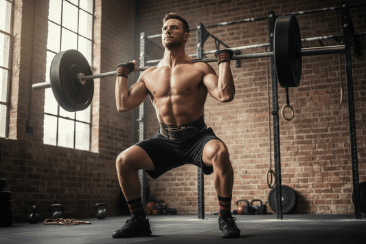 Athlète CrossFit effectuant un barbell clean avec gants de musculation et ceinture de force dans une salle CrossFit