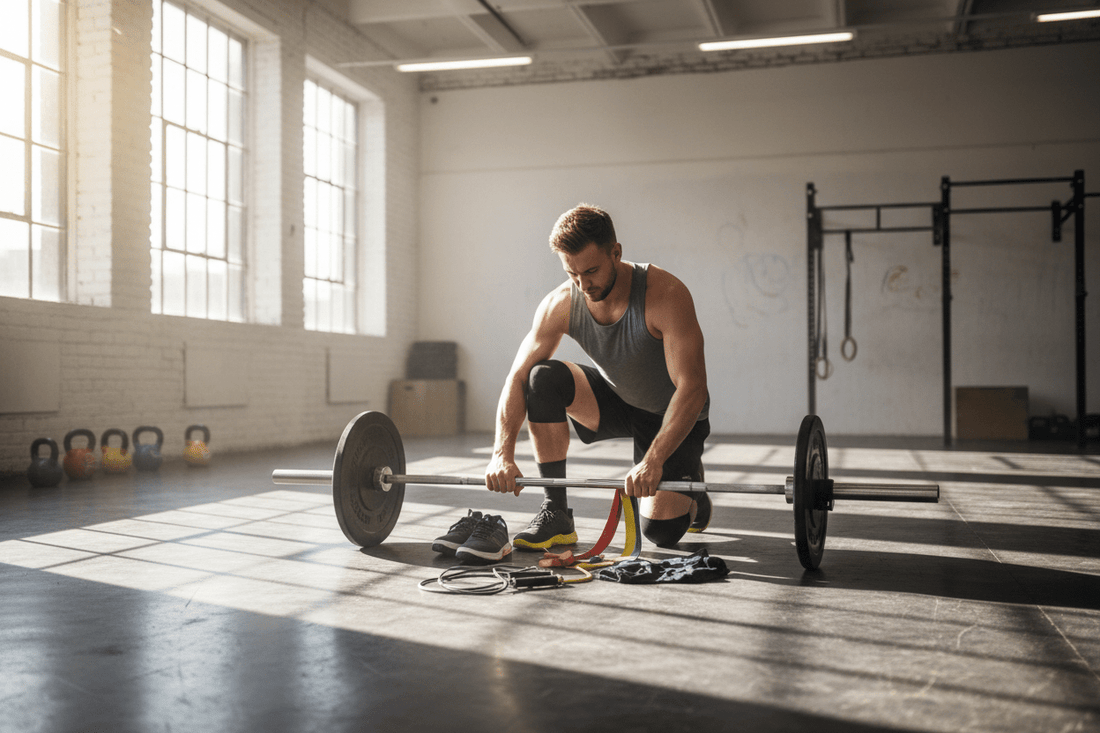 Athlète CrossFit préparant son WOD avec ses accessoires dans un gym lumineux
