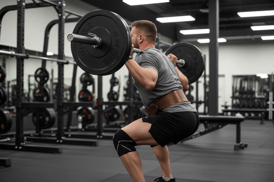 Powerlifter réalisant un back squat avec barre sur les trapèzes et ceinture de force en cuir