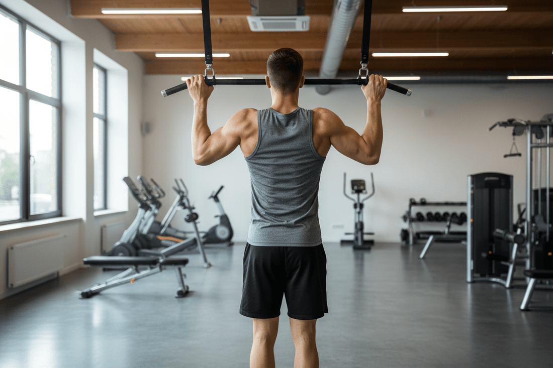 Athlète réalisant une traction sur barre en gym avec dos bien musclé
