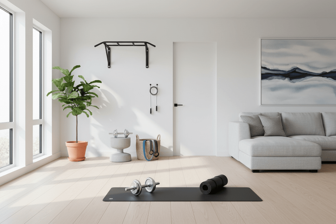 Setup home gym complet dans un salon moderne avec élastiques, corde à sauter et tapis de sport