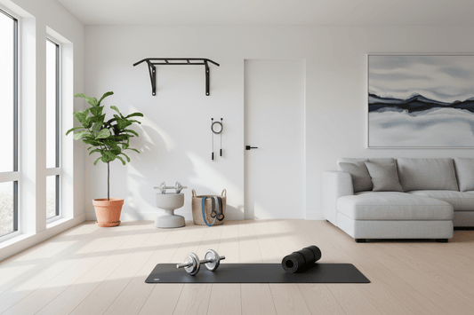 Setup home gym complet dans un salon moderne avec élastiques, corde à sauter et tapis de sport