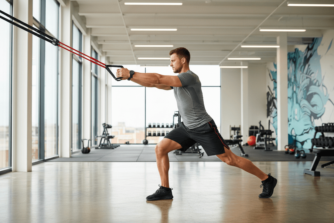 Athlète réalisant un entraînement complet avec élastiques de résistance dans un gym moderne