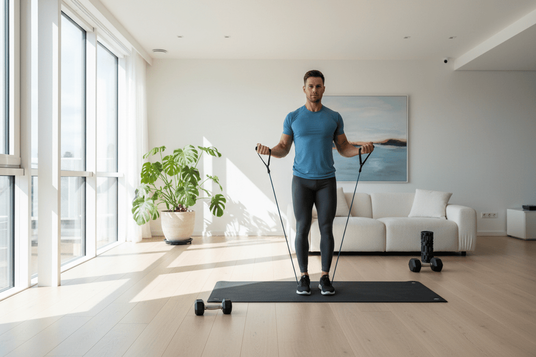 Athlète réalisant un entraînement complet à domicile dans un salon moderne avec élastiques et tapis