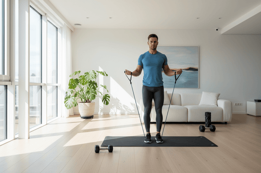 Athlète réalisant un entraînement complet à domicile dans un salon moderne avec élastiques et tapis