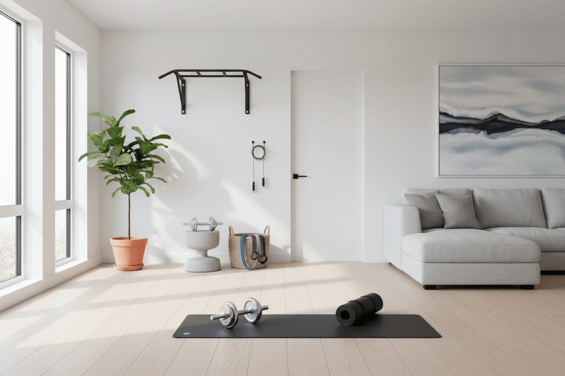 Setup home gym complet dans un salon moderne avec élastiques, corde à sauter et tapis de sport