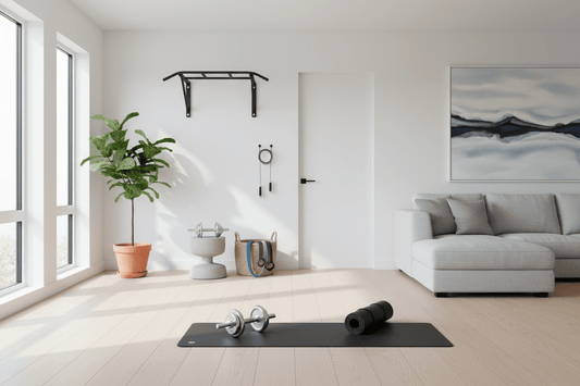 Setup home gym complet dans un salon moderne avec élastiques, corde à sauter et tapis de sport