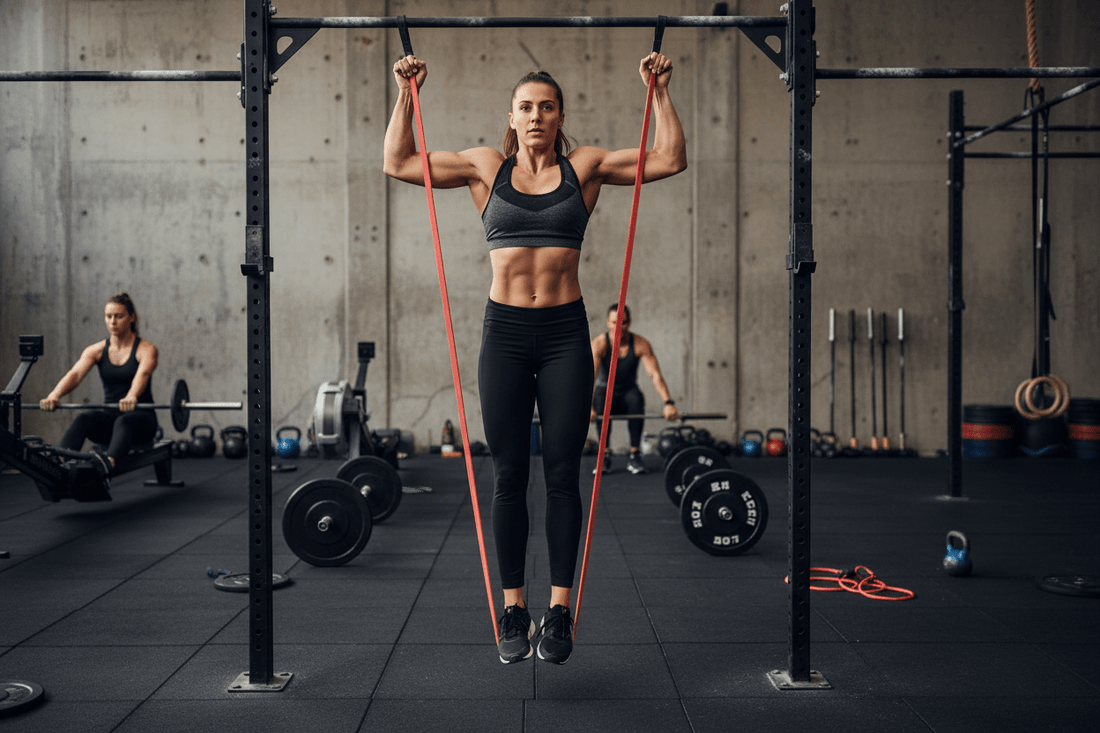 Femme faisant un chin-up assisté avec un élastique de résistance dans une salle CrossFit