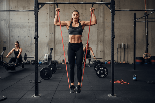 Femme faisant un chin-up assisté avec un élastique de résistance dans une salle CrossFit