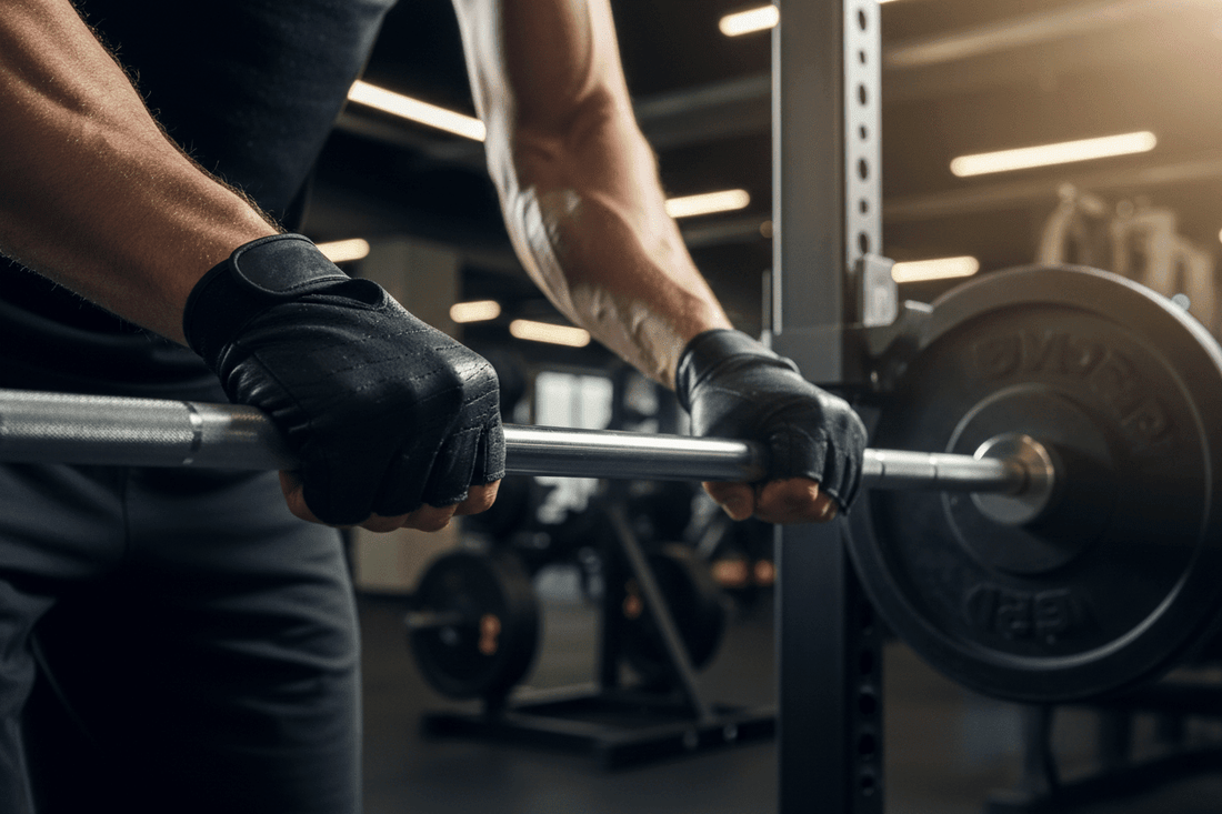 Homme portant des gants de musculation avec une prise ferme sur une barre d’haltérophilie
