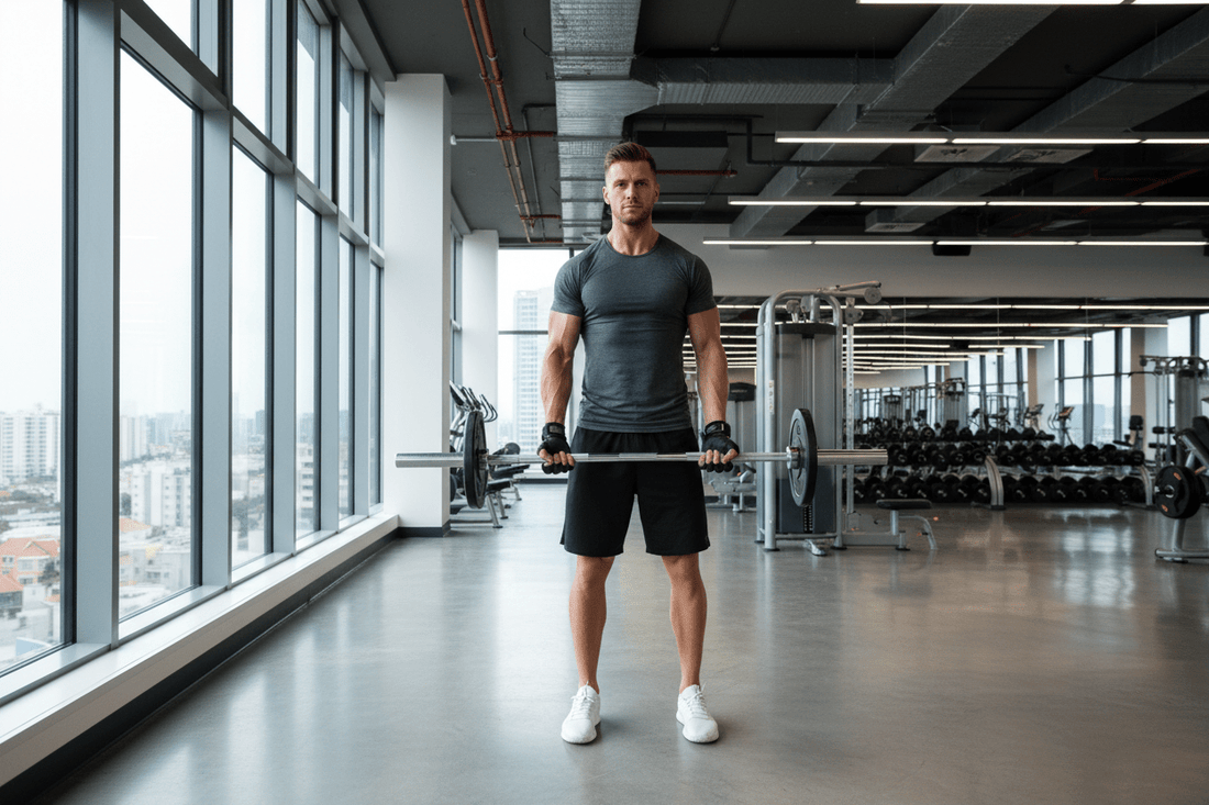 Homme portant des gants de musculation réalisant un curl barre dans un gym moderne
