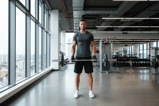 Homme portant des gants de musculation réalisant un curl barre dans un gym moderne