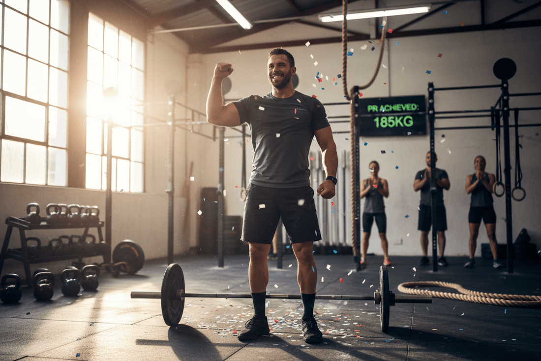 Athlète CrossFit célébrant un record personnel dans un gym lumineux