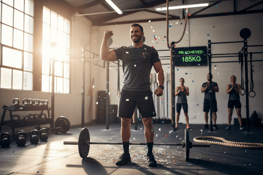 Athlète CrossFit célébrant un record personnel dans un gym lumineux