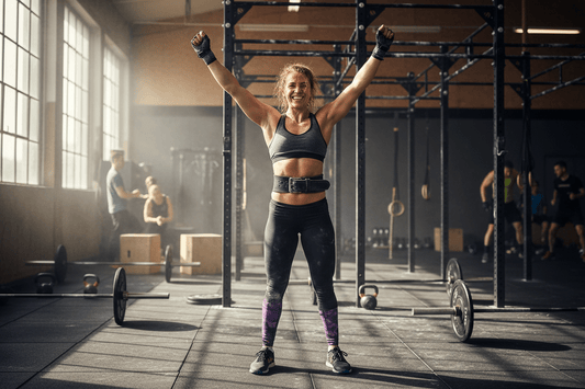 Athlète CrossFit fêtant la fin d'un WOD avec les bras levés, portant des gants de musculation et une ceinture de force
