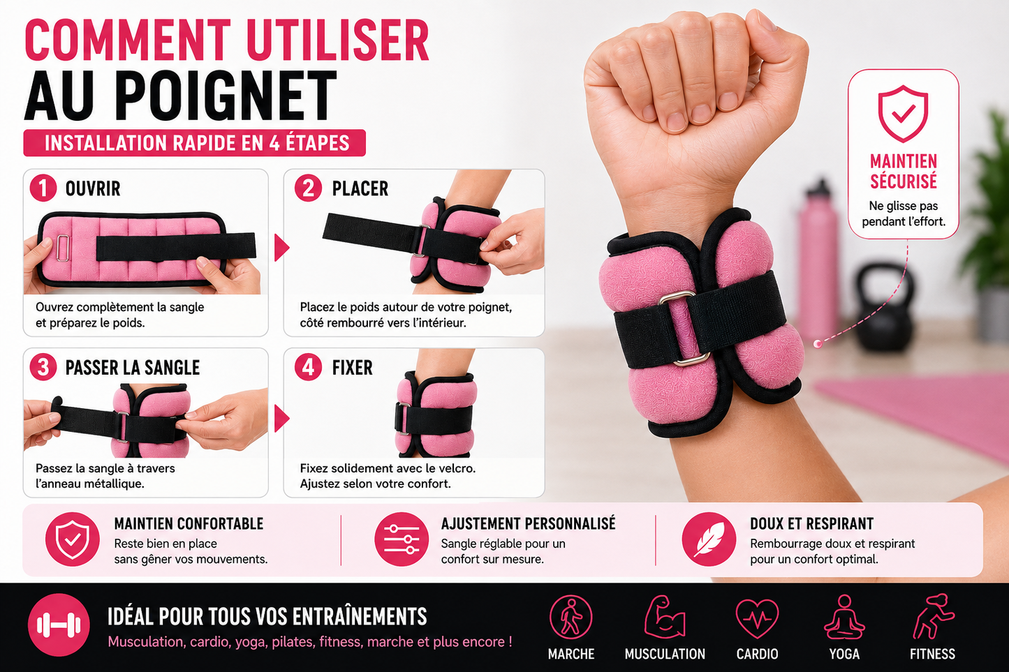Poids de Cheville et Poignet 0,5 kg ou 1 kg – Paire Ajustable Fitness & Marche