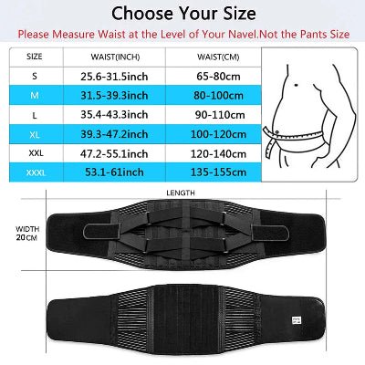 Ceinture lombaire avec des mesures pour choisir la bonne taille.