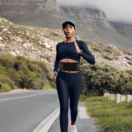 Une femme en tenue de course noire, portant une ceinture lombaire, en train de faire du jogging.