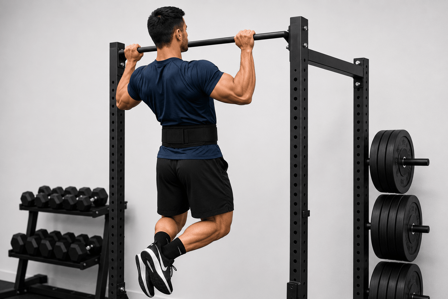 Homme effectuant des tractions à la barre fixe portant la ceinture pour la musculation FitnessWaistBelts coloris noir en salle de sport