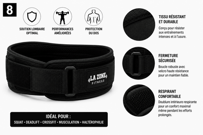 Infographie ceinture pour la musculation FitnessWaistBelts soutien lombaire optimal fermeture sécurisée tissu respirant idéale squat deadlift CrossFit musculation haltérophilie