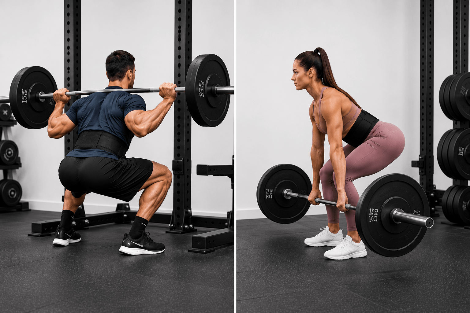 Homme en squat barre et femme en deadlift portant la ceinture pour la musculation FitnessWaistBelts coloris noir en salle de sport