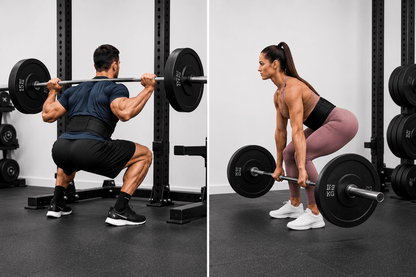 Homme en squat barre et femme en deadlift portant la ceinture pour la musculation FitnessWaistBelts coloris noir en salle de sport