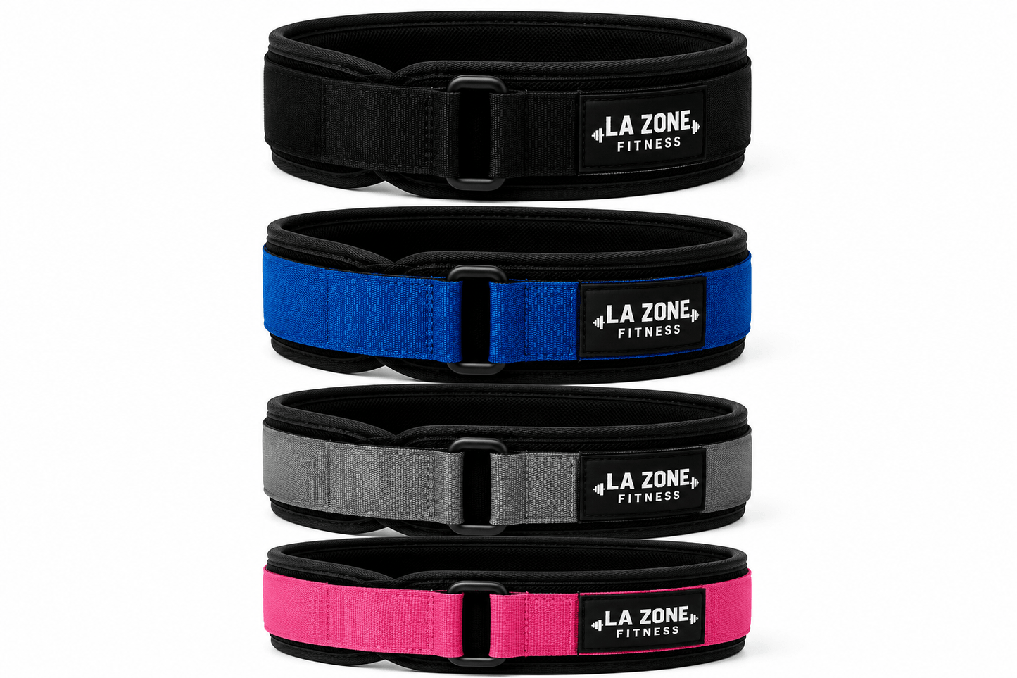 Ceinture pour la musculation La Zone Fitness en 4 coloris noir bleu gris et rose empilées vue de face sur fond blanc