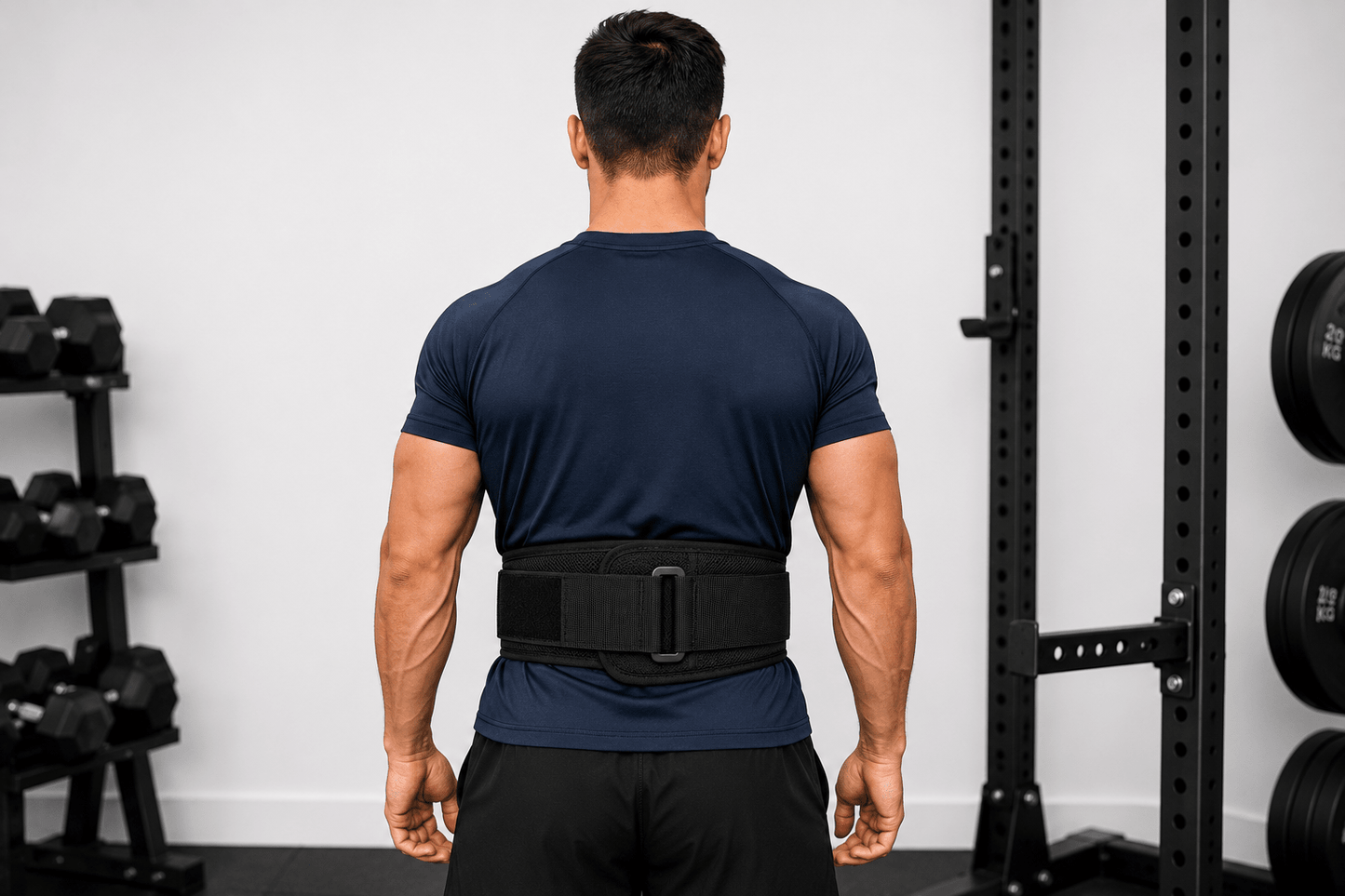 Homme de dos portant la ceinture pour la musculation FitnessWaistBelts coloris noir en salle de musculation avec haltères en arrière-plan